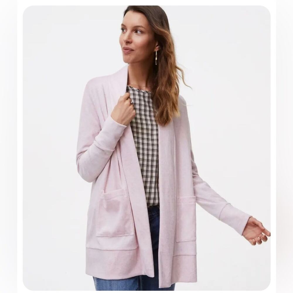 Ann Taylor Loft Heather Blush Pink Velour open front Cardigan Sweater Jacket